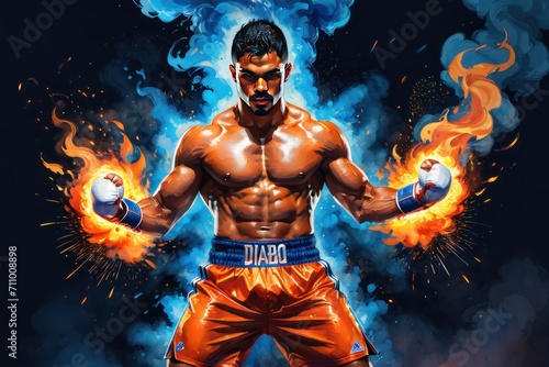 Muscular asian boxer making eye contact amid a backdrop of flames and smoke.