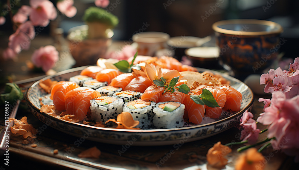 Freshness and cultures on a plate, sushi, seafood, and avocado generated by AI Freshness and cultures on a plate, sushi, seafood, and avocado generated by AI