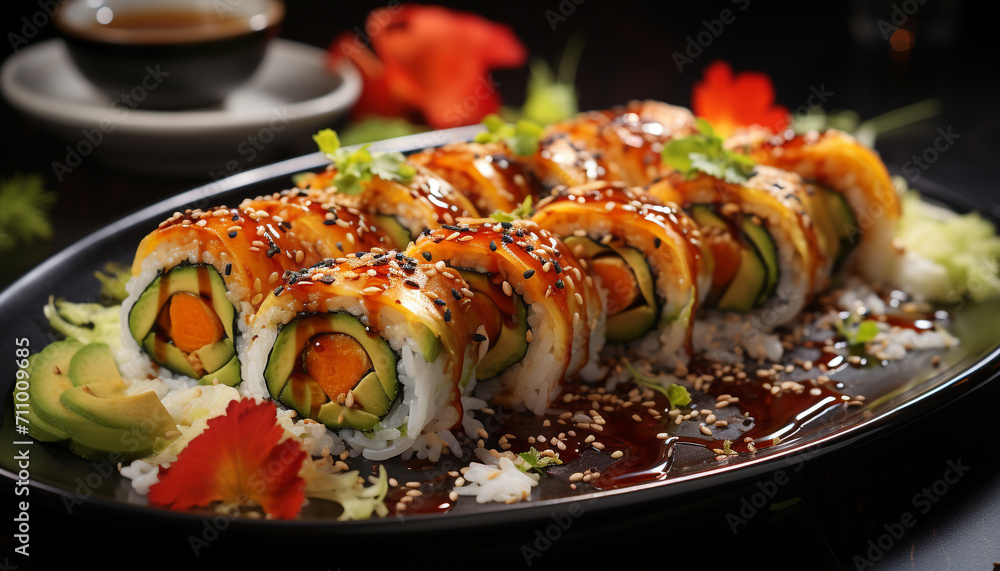 Freshness on plate seafood, avocado, sashimi, maki sushi, ginger generated by AI Freshness on plate seafood, avocado, sashimi, maki sushi, ginger generated by AI