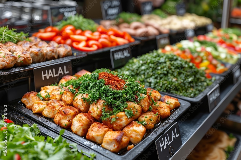 A range of halal dishes, ideal for restaurants serving kosher food and stores with supermarket ready meals. Concept: balanced nutrition. Sign with inscription