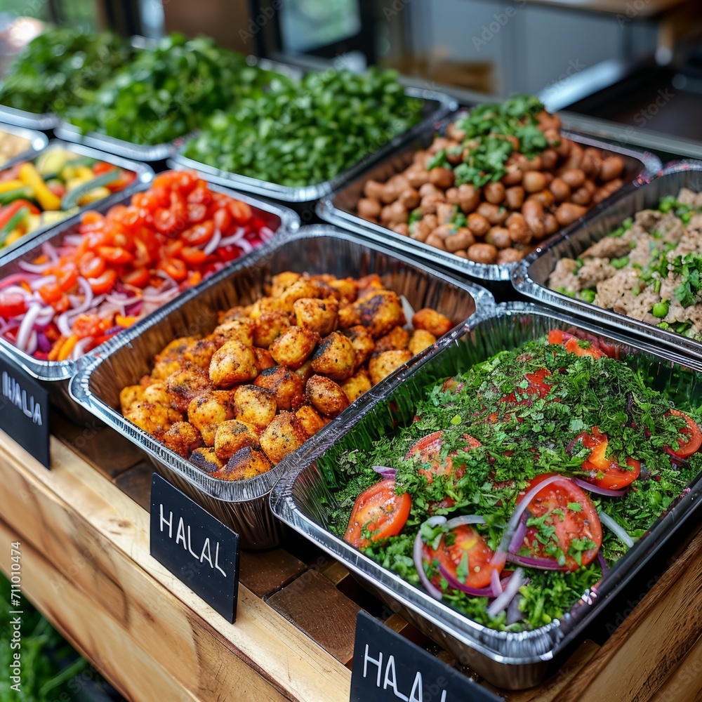 A range of halal dishes, ideal for restaurants serving kosher food and stores with supermarket ready meals. Concept: balanced nutrition. Sign with inscription