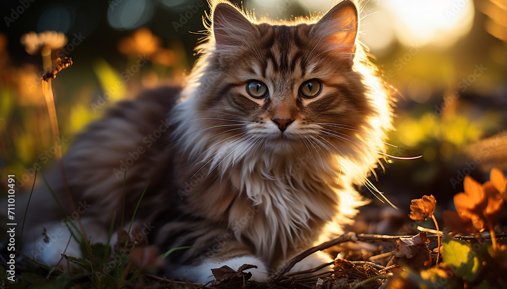 Fluffy kitten sitting in grass, enjoying summer generated by AI