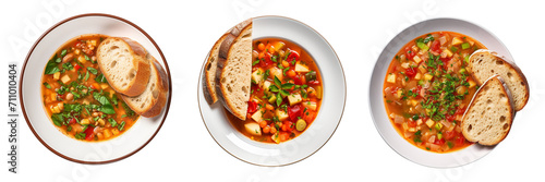 Set of Minestrone with bread on a plate top view isolated on a transparent background