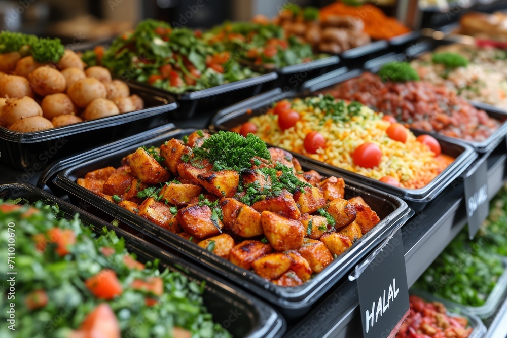 A range of halal dishes, ideal for restaurants serving kosher food and stores with supermarket ready meals. Concept: balanced nutrition. Sign with inscription A range of halal dishes, ideal for restaurants serving kosher food and stores with supermarket ready meals. Concept: balanced nutrition. Sign with inscription