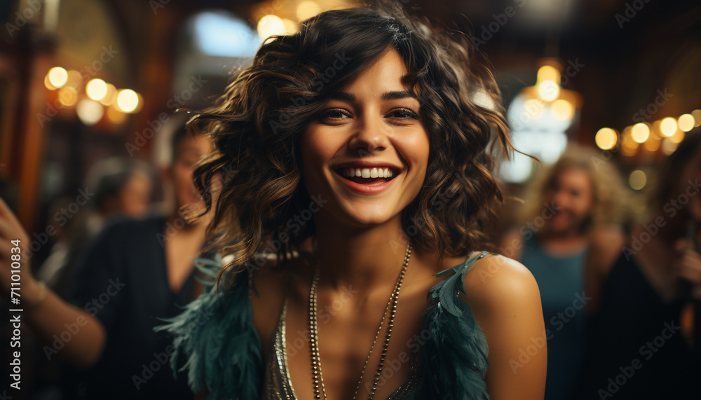 Smiling young women enjoying nightlife, looking at camera generated by AI