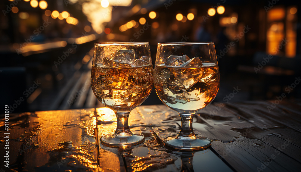Nighttime celebration at a bar, drinks flowing, glasses clinking, pure luxury generated by AI Nighttime celebration at a bar, drinks flowing, glasses clinking, pure luxury generated by AI