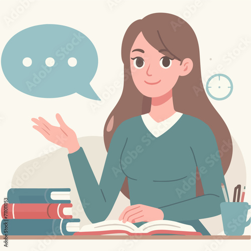 Vector woman saying explaining something with speech bubble cartoon illustration
