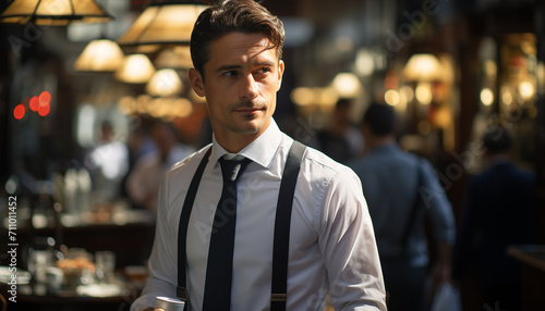 Confident businessman in suit, looking at camera generated by AI