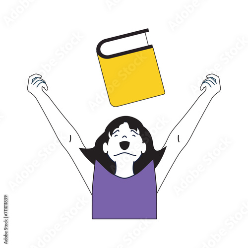 Book reading concept with cartoon people in flat design for web. Happy woman enjoying literature at library and pastime with novels. Vector illustration for social media banner, marketing material.