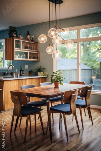 Mid-century modern dining room with blue walls and wood table