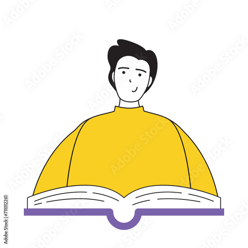 Book reading concept with cartoon people in flat design for web. Man reads novel. Student learns with textbook. Bookworm doing hobby. Vector illustration for social media banner, marketing material.