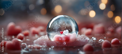 Glass sphere with two small hearts white red, soft backbround, valentine's day, ai generated photo