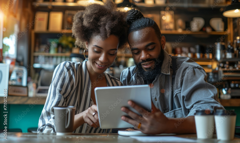 custom made wallpaper toronto digitalBlack couple in cafe working with tablets to browse internet and access information remotely