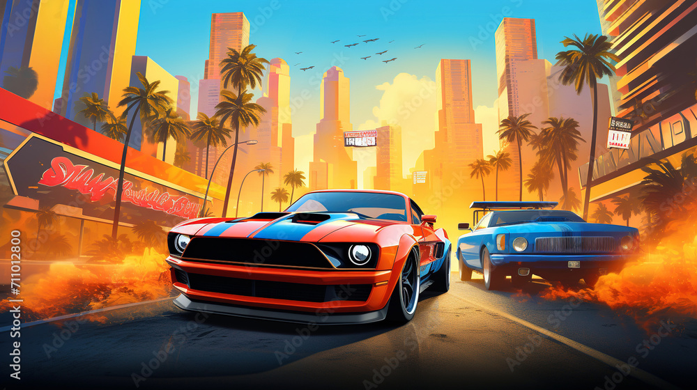 Vibrant Retro Cityscape with Muscle Cars Vibrant Retro Cityscape with Muscle Cars