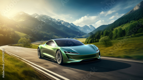 modern electric car zooming down a scenic highway, highlighting the eco-friendly and futuristic aspects of the vehicle Great for electric car commercials