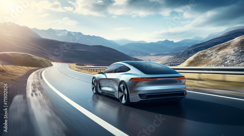 modern electric car zooming down a scenic highway, highlighting the eco-friendly and futuristic aspects of the vehicle Great for electric car commercials