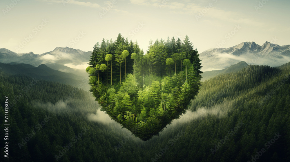 Forest Heartbeat The heart of a traveler overlaid with a dense, green forest, depicting the connection between nature and the human spirit Ideal for eco-friendly travel promotions - obrazy, fototapety, plakaty 