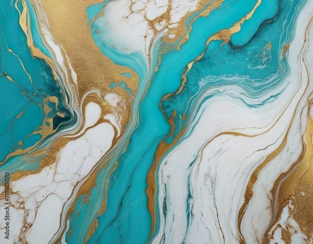 Abstract luxury marble background. Digital art marbling texture. Turquoise, gold and white colors