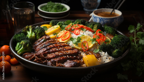 Grilled meat and vegetables on a gourmet plate for lunch generated by AI