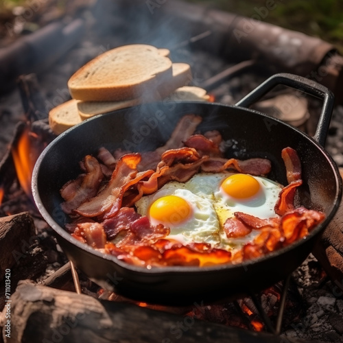 Fried eggs in a frying pan with cherry tomatoes and bread for breakfast on a black background.

