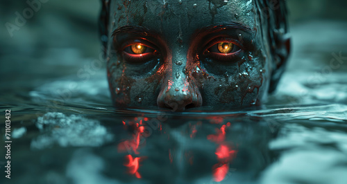 Creepy monster face in the water with red eyes  photo