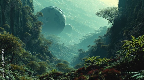 3D render of an alien planet in deep tropical rainforest #711013456