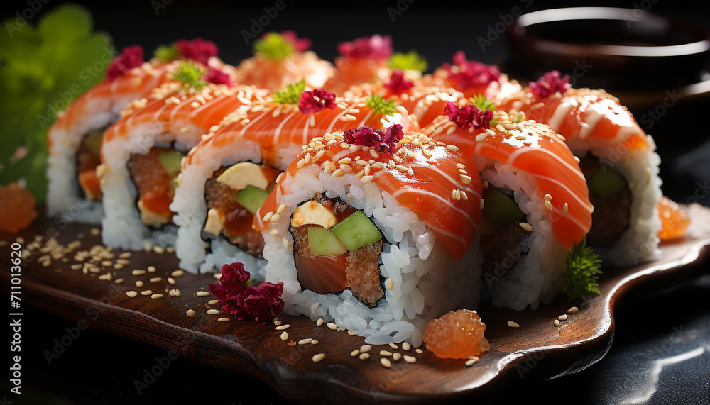 Freshness and cultures rolled up in a plate of maki sushi generated by AI Freshness and cultures rolled up in a plate of maki sushi generated by AI