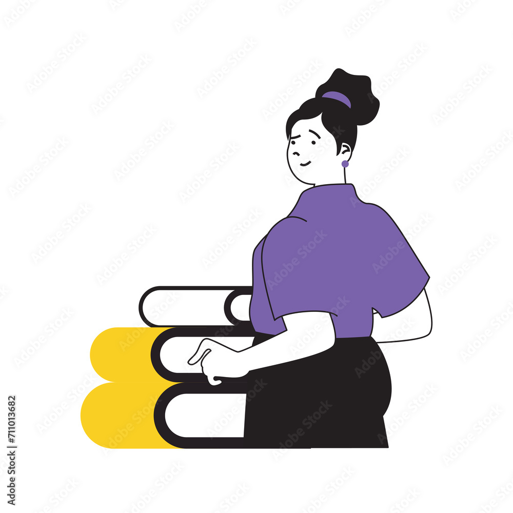 Book reading concept with cartoon people in flat design for web. Woman with stacks of book getting new information and knowledge. Vector illustration for social media banner, marketing material.