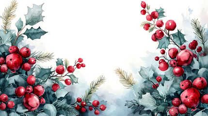 Christmas floral frame. Holiday greeting card template. Hand painted watercolor illustration