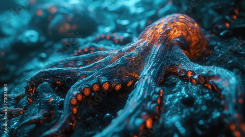 The octenog shimmers from blue to orange light. The mystical octopus 