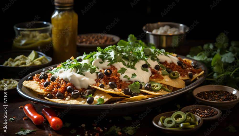 Freshness and spice on a plate, a gourmet taco meal generated by AI Freshness and spice on a plate, a gourmet taco meal generated by AI