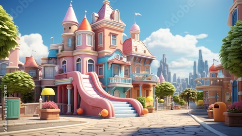 Colorful cartoon city street with pink slide and blue house photo