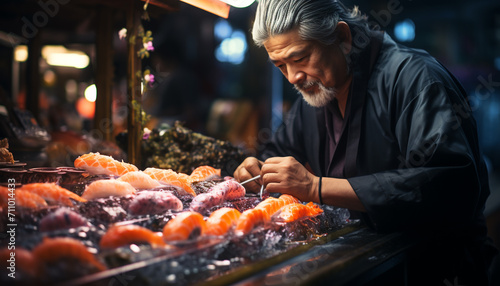 A smiling man, the owner, cooking fresh seafood in his workshop generated by AI