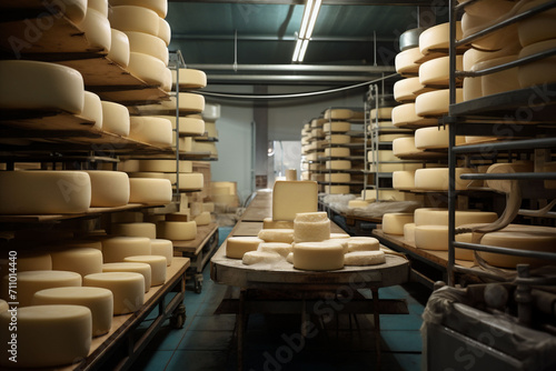 Modern cheese aging room with large stacks of cheese wheels on shelves, illuminated by artificial light. The atmosphere is sterile and professional, suitable for industrial food production.