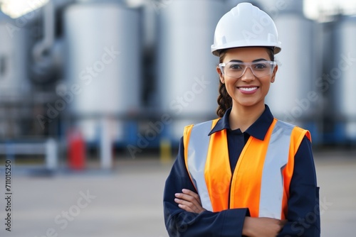 Smiling female engineer wearing hardhat and safety glasses at industrial site photo