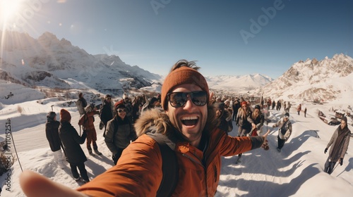 Ecstatic man takes selfie with friends on snowy mountaintop