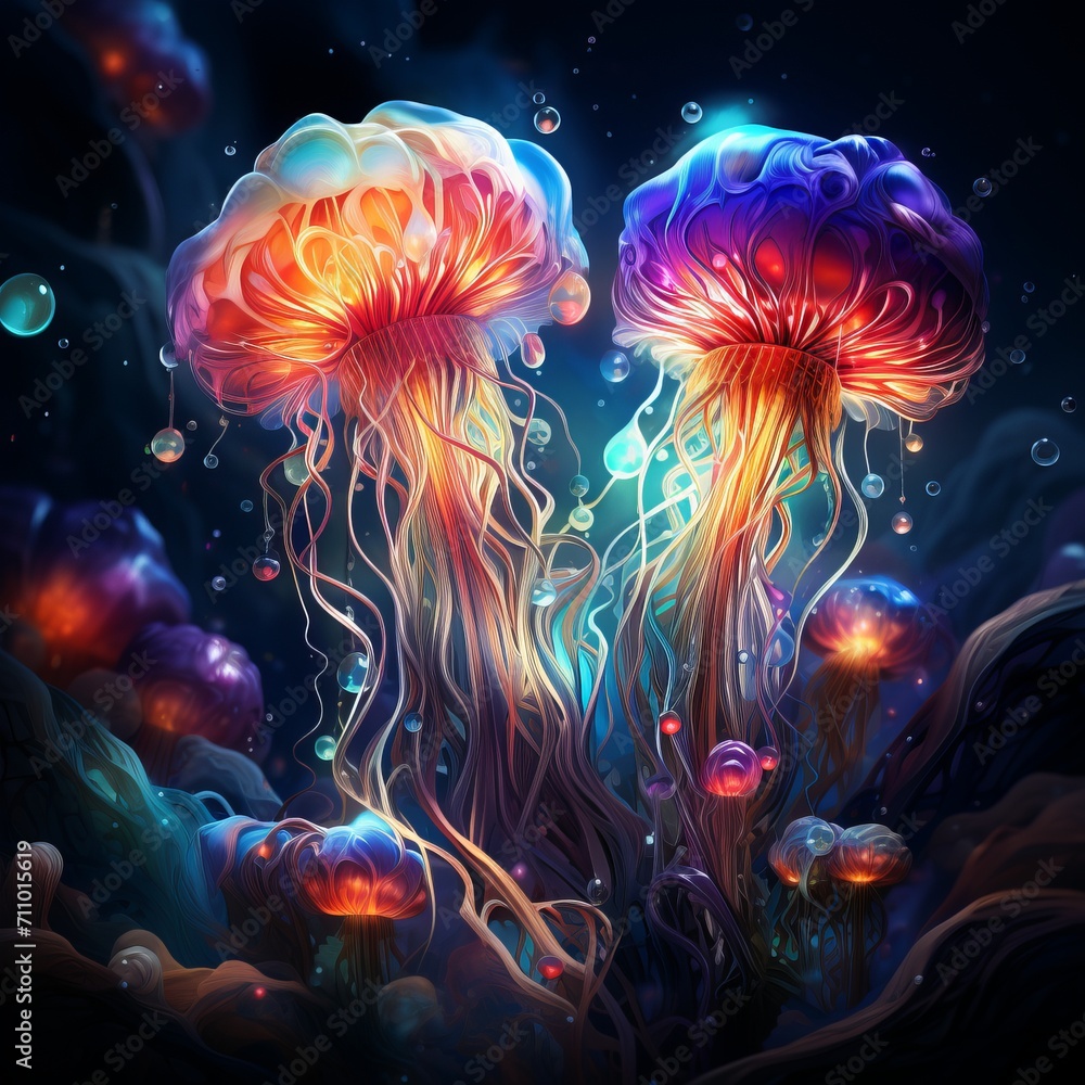 Vibrant neon jellyfish art, colorful aquatic life, dark abstract background