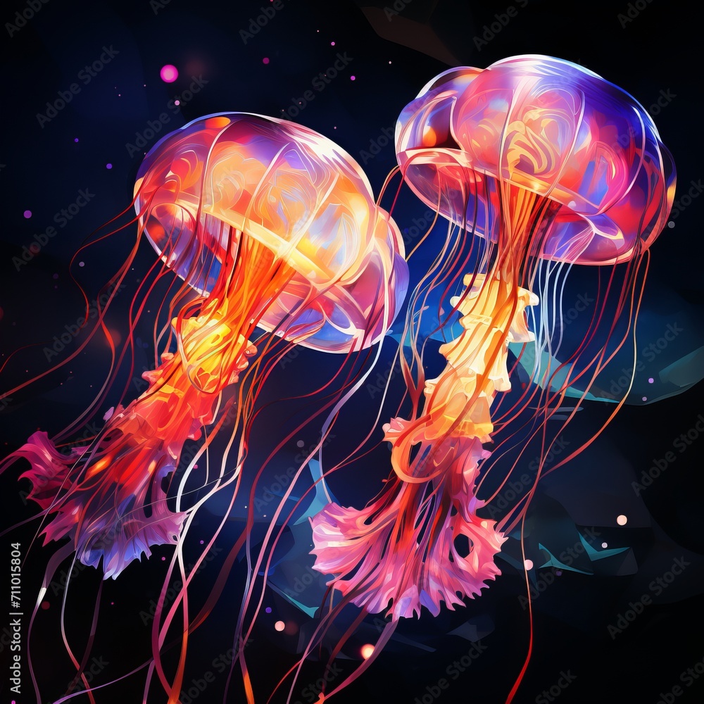 Vibrant fantasy neon jellyfish on dark solid background - abstract artwork with colorful glow