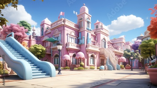 Pink and blue pastel city street with cartoon buildings