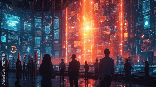 Illustration of futuristic business scene showcasing a diverse group of professionals collaborating with artificial intelligence to analyze complex data