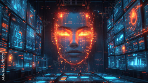 Visualisation of artificial intelligence as a face of a woman with evil look photo