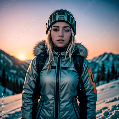 Mujer en una montaña nevada con equipo para esquiar al atardecer