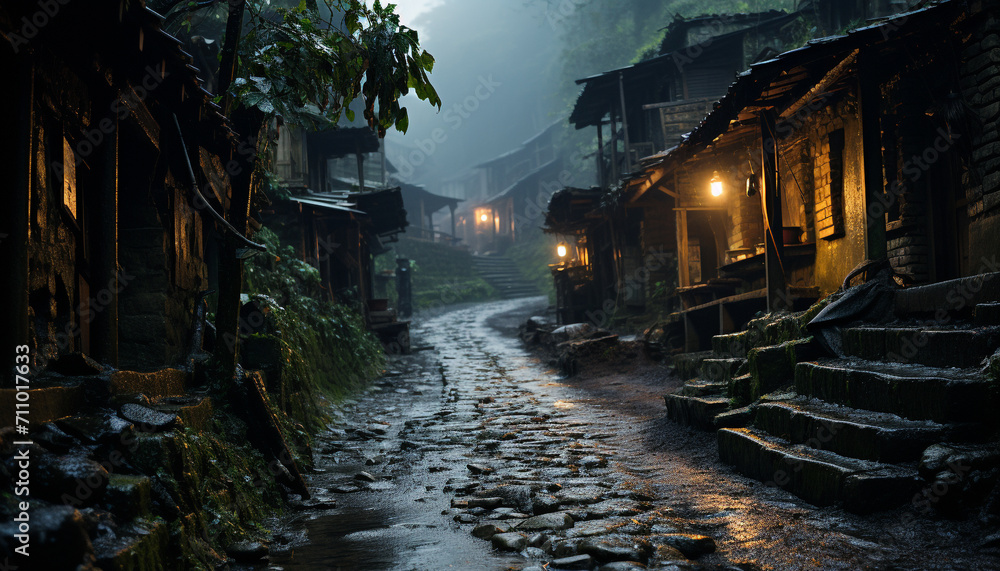 Night nature outdoors dark old architecture, mountain landscape wet travel generated by AI