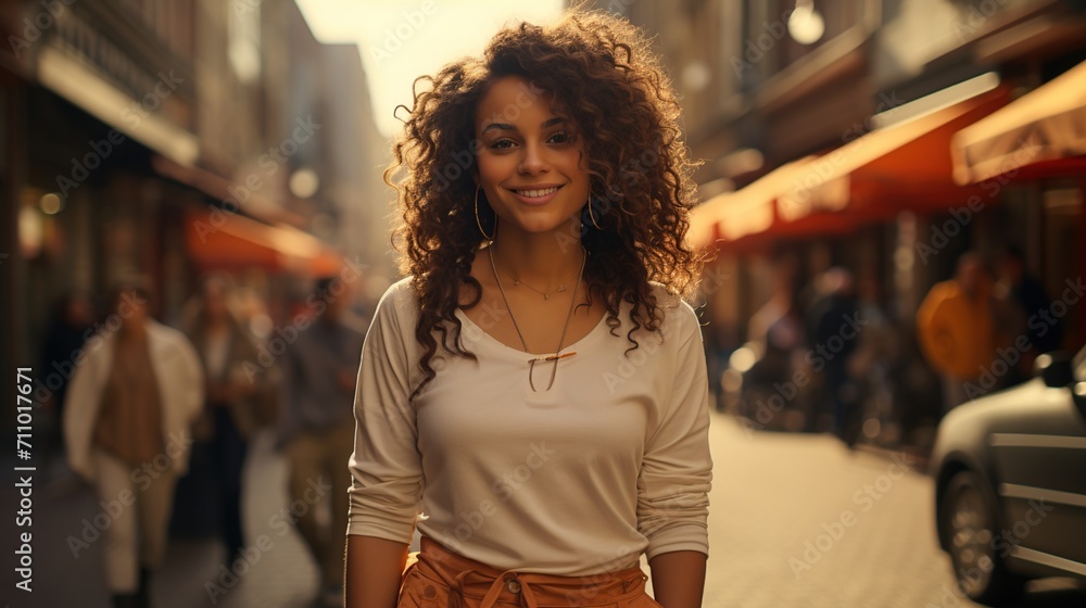 Curly-haired woman in a white shirt smiling