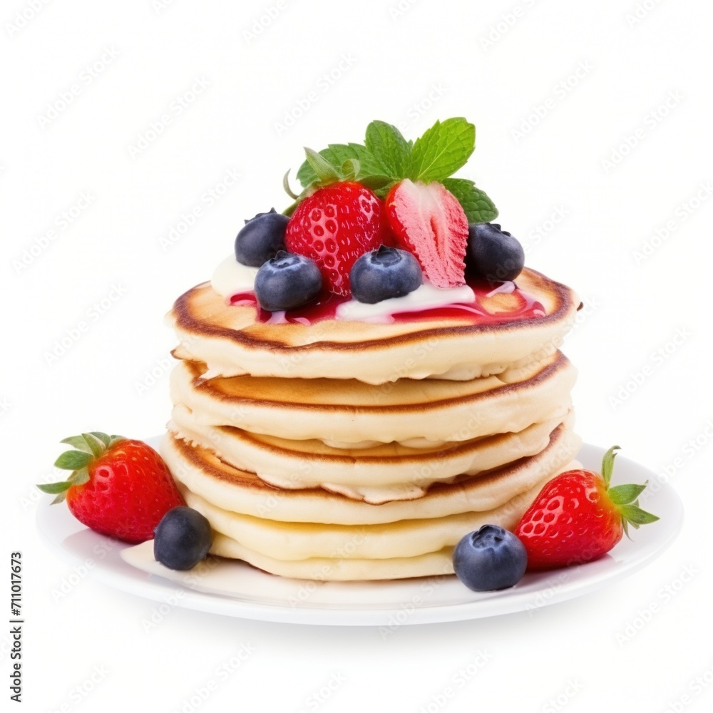 A stack of pancakes with strawberries and blueberries A stack of pancakes with strawberries and blueberries