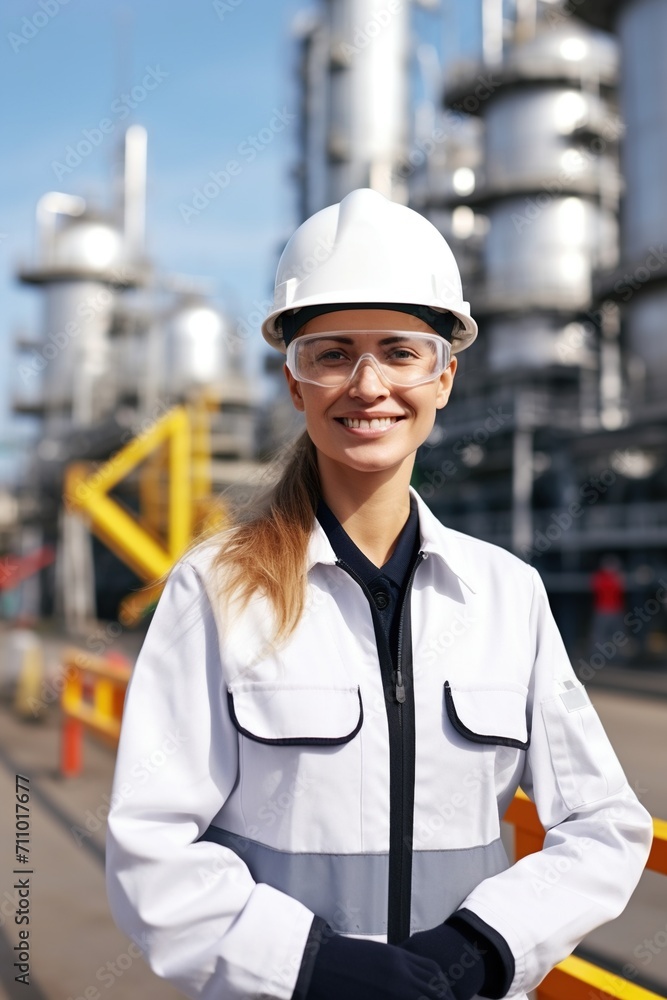 Portrait of a female chemical engineer wearing a hard hat and safety glasses at an industrial plant Portrait of a female chemical engineer wearing a hard hat and safety glasses at an industrial plant