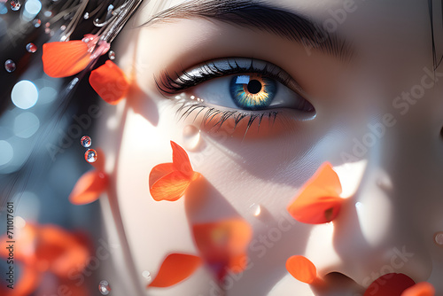 Beautiful woman with Eye with heterochromia petals and drops around