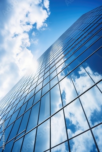 Blue glass skyscraper reflecting clouds