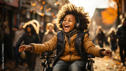 Young little boy in an orange jacket, using a wheelchair, laughing joyfully while listening to music in a city setting. Joyful child in Wheelchair Enjoying Music Outdoors