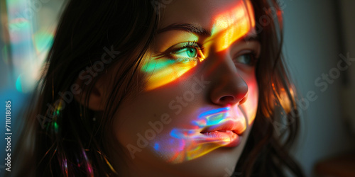 Young woman with green eyes bathed in vibrant rainbow light, reflective and serene amidst colorful hues